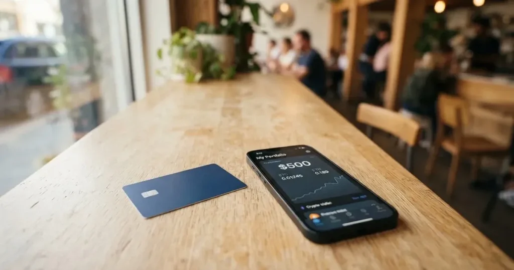 A payment card next to a phone with a crypto wallet app open