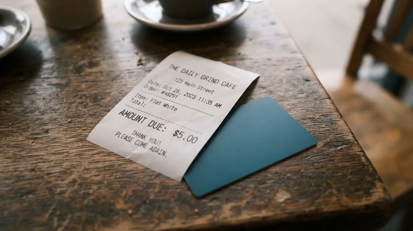 A receipt and a card on a café table