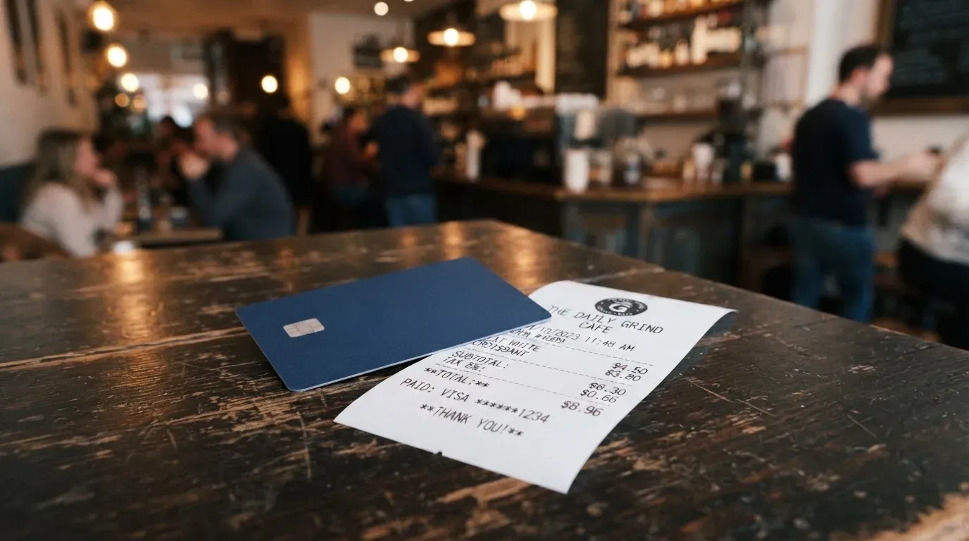 A receipt and a card on a café table