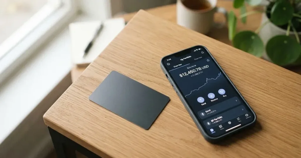 A payment card next to a phone with a crypto wallet app open