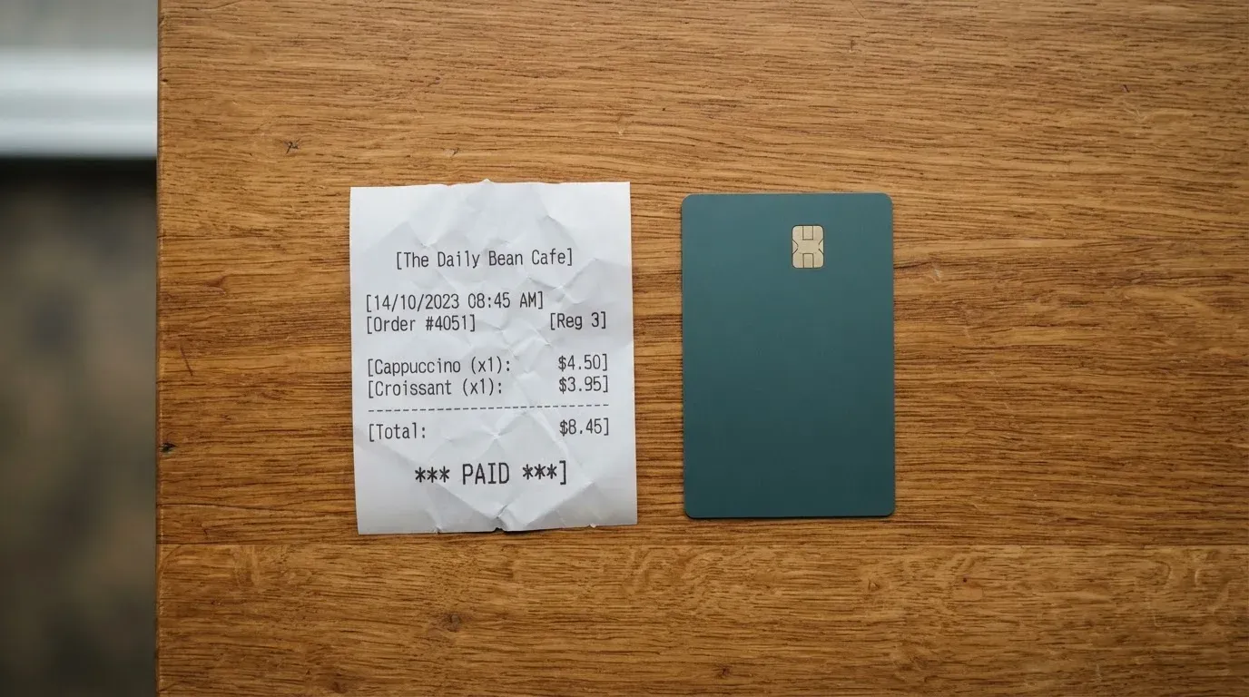 A receipt and a card on a café table