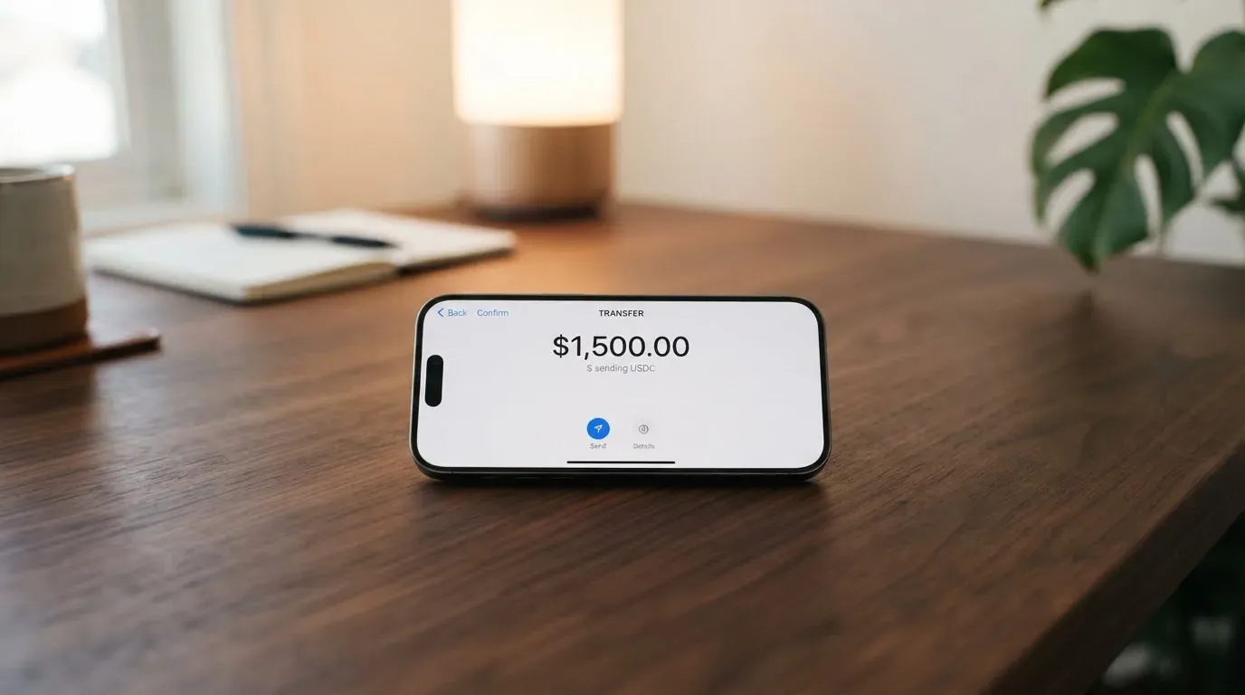 A phone showing a stablecoin transfer screen