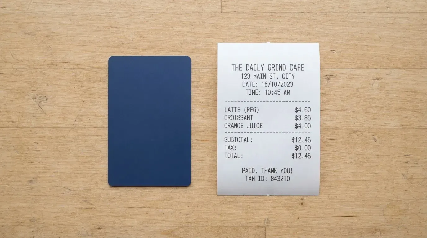 A receipt and a card on a café table