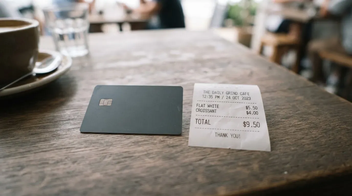 A receipt and a card on a café table