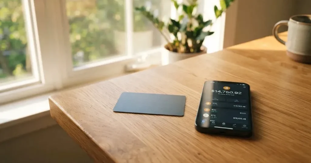 A payment card next to a phone with a crypto wallet app open
