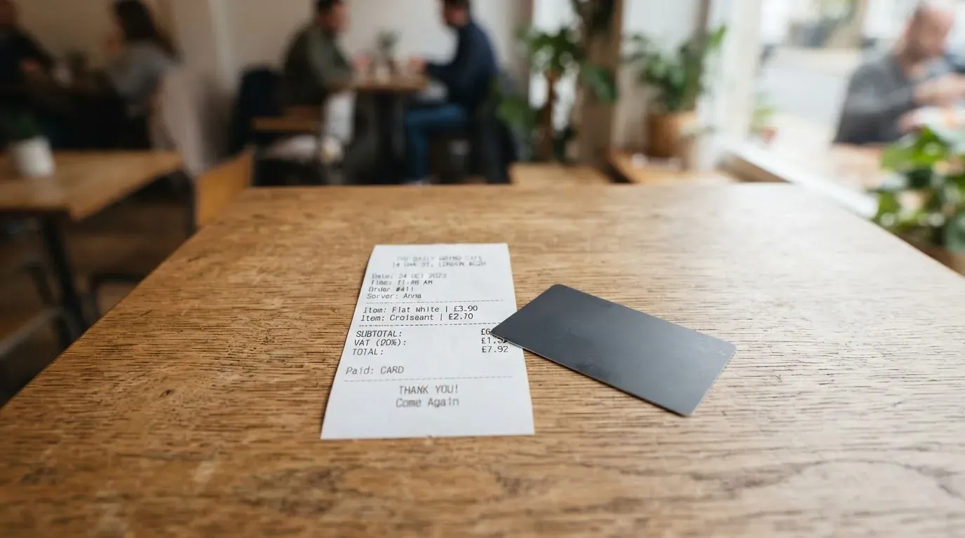 A receipt and a card on a café table