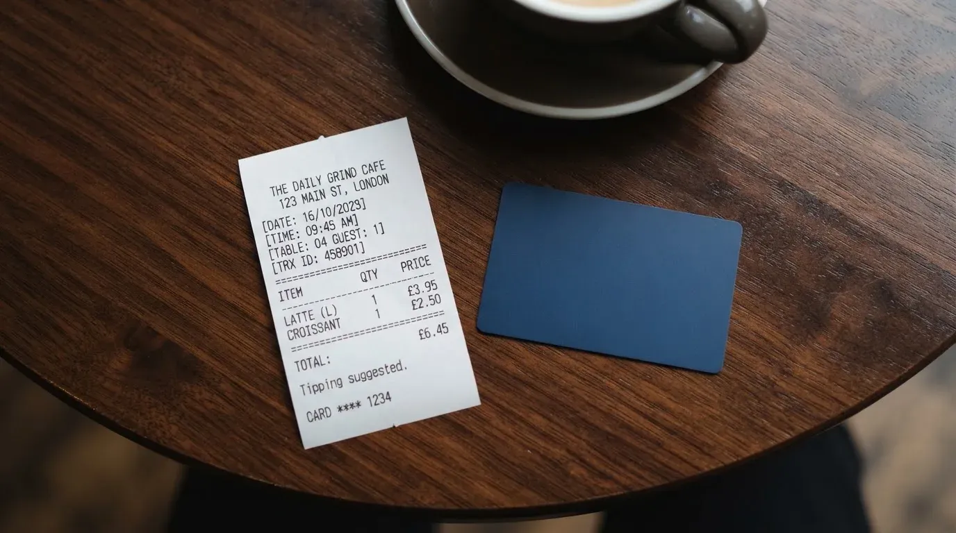 A receipt and a card on a café table