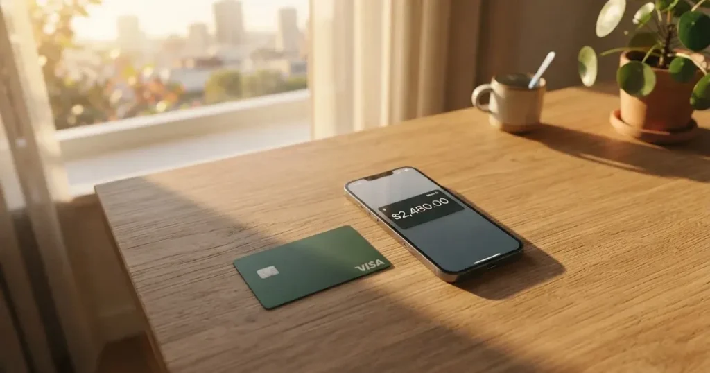 A payment card next to a phone with a crypto wallet app open