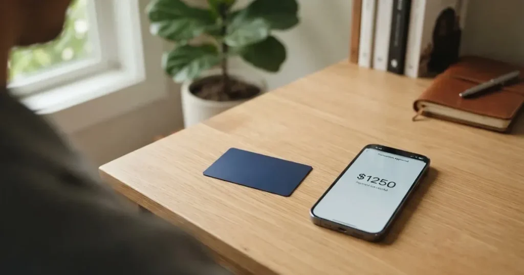A payment card next to a phone with a crypto wallet app open