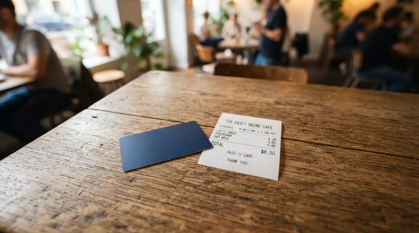 A receipt and a card on a café table