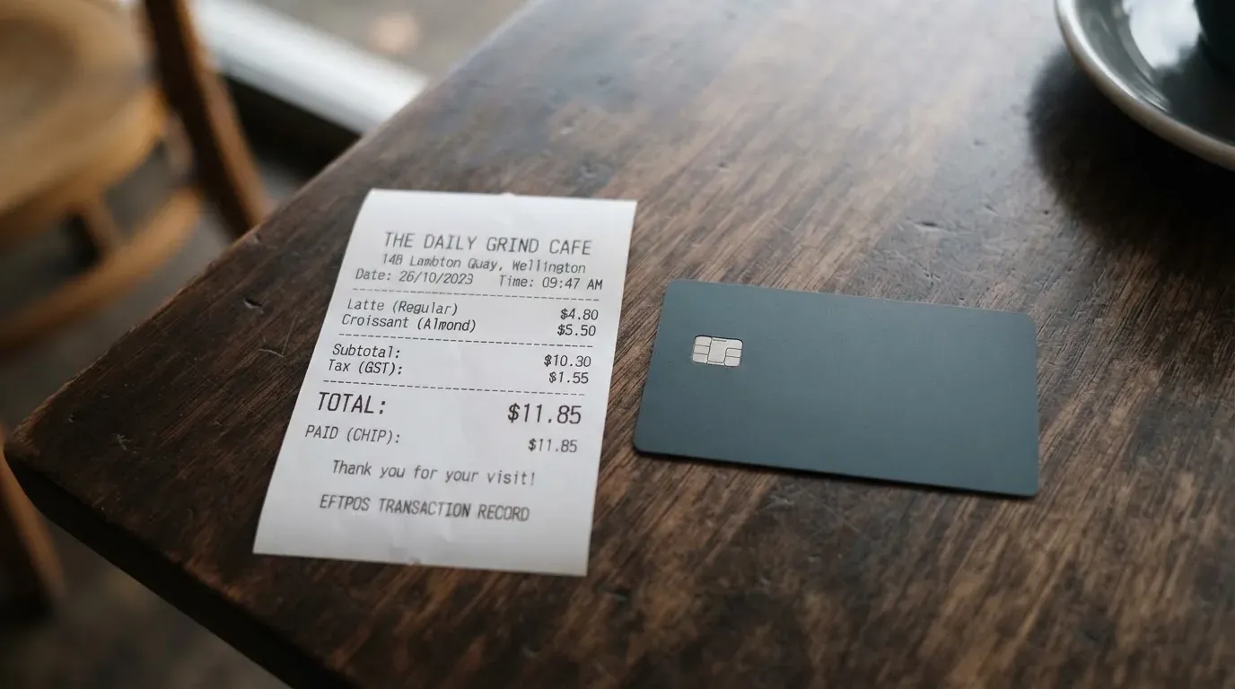 A receipt and a card on a café table