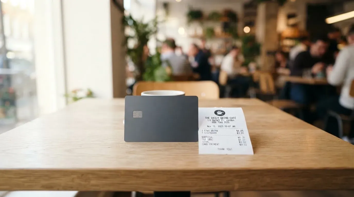 A receipt and a card on a café table
