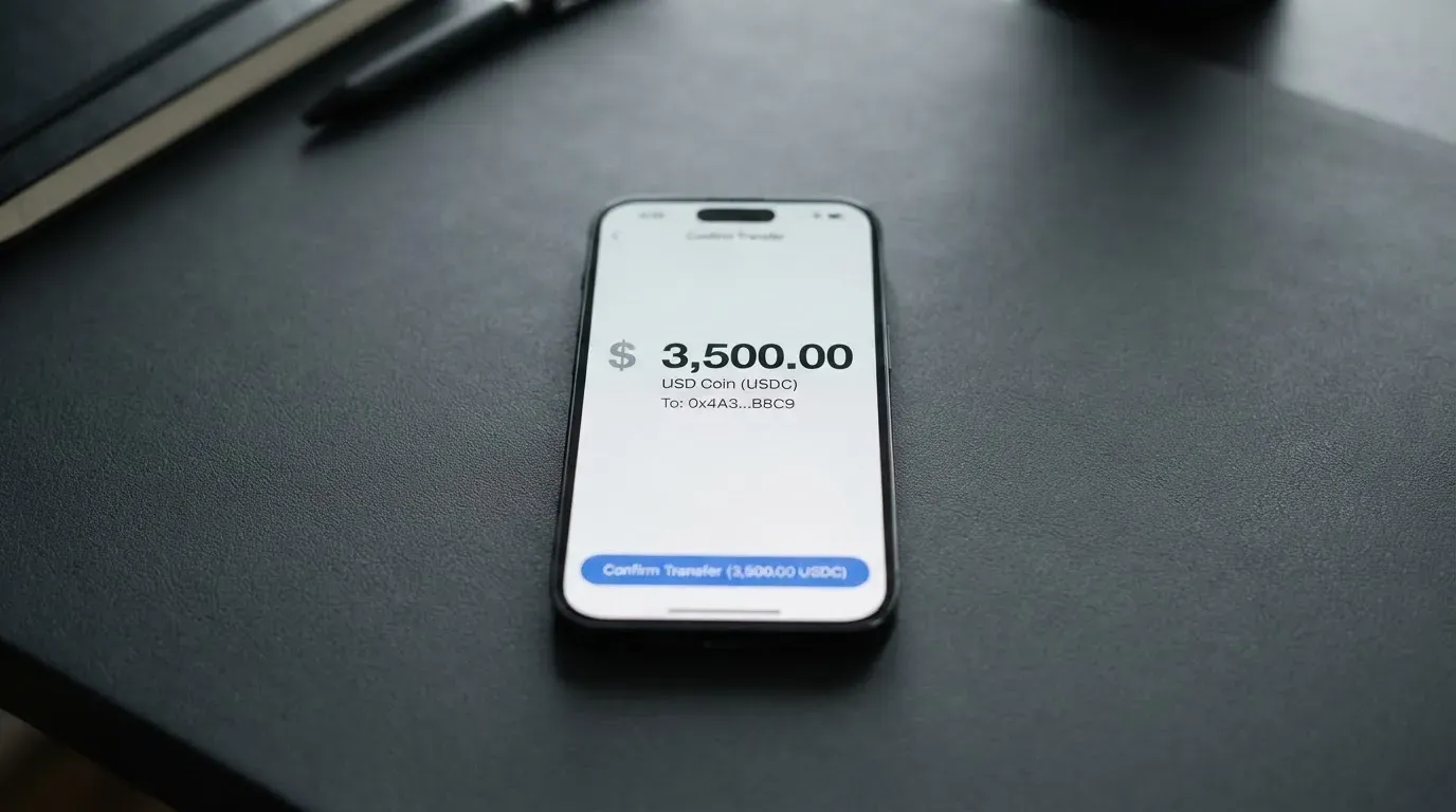 A phone showing a stablecoin transfer screen