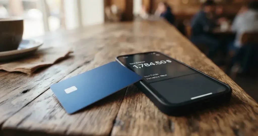 A payment card next to a phone with a crypto wallet app open
