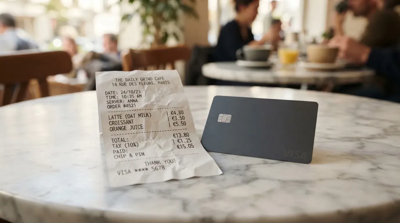 A receipt and a card on a café table