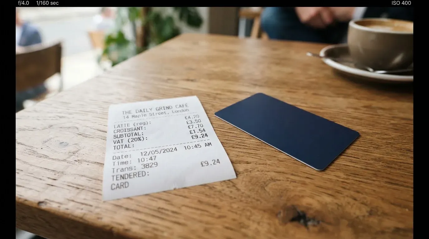 A receipt and a card on a café table
