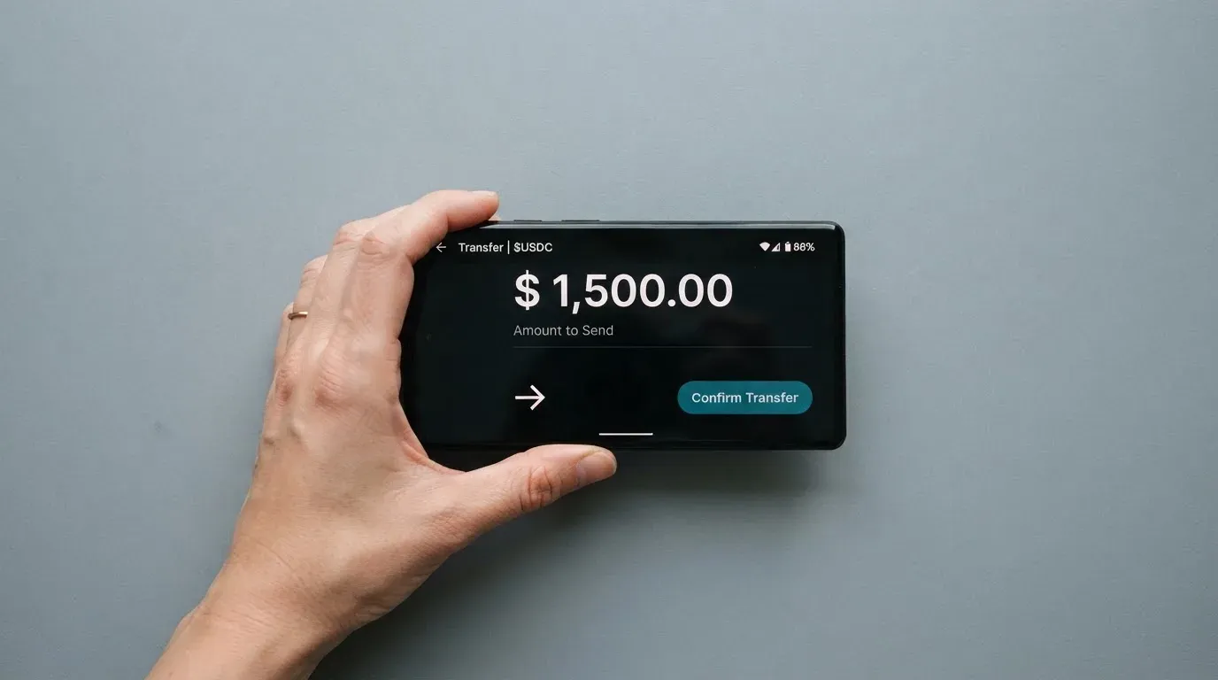 A phone showing a stablecoin transfer screen
