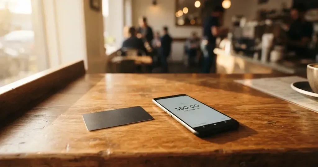 A payment card next to a phone with a crypto wallet app open