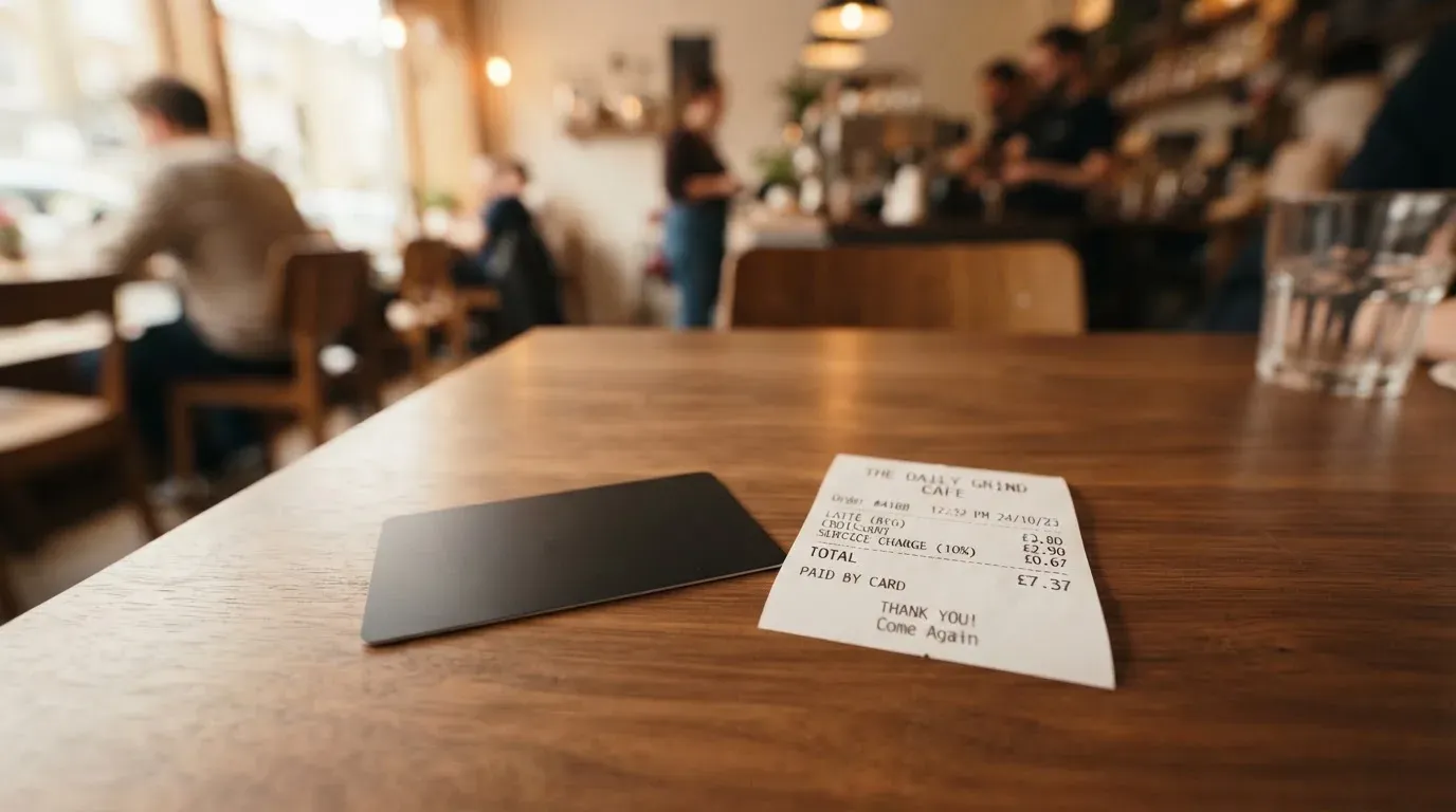 A receipt and a card on a café table