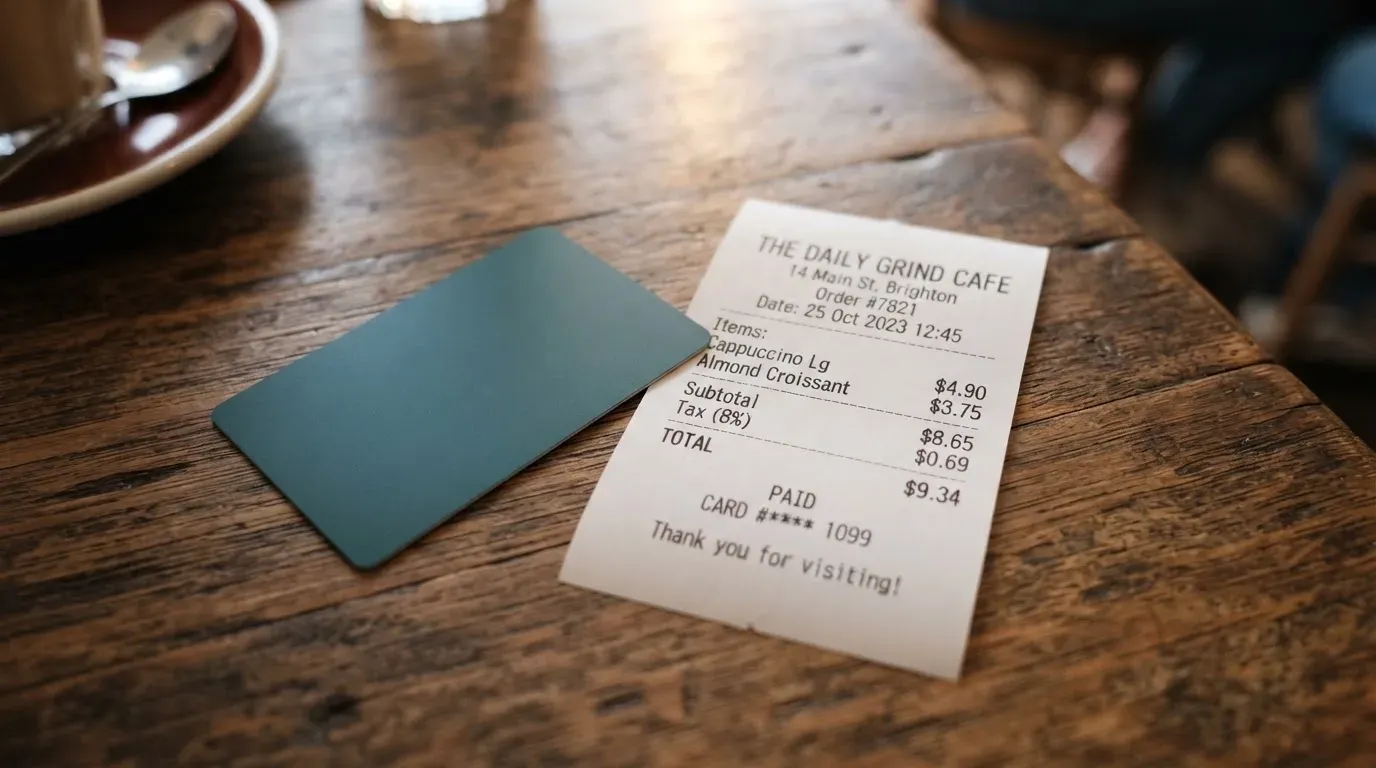 A receipt and a card on a café table