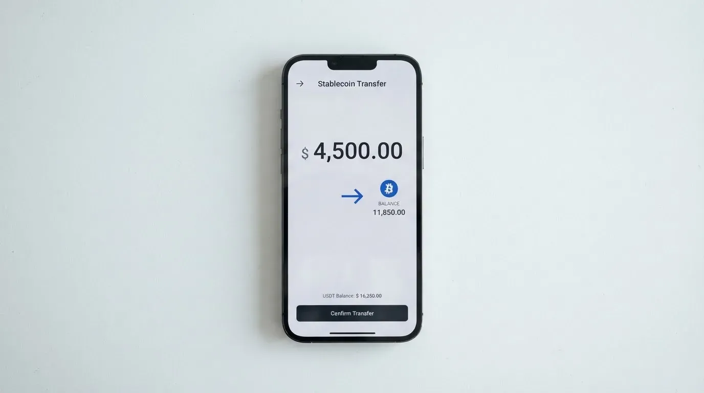 A phone showing a stablecoin transfer screen