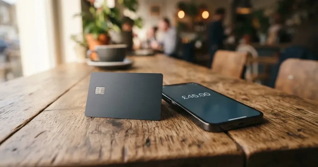 A payment card next to a phone with a crypto wallet app open