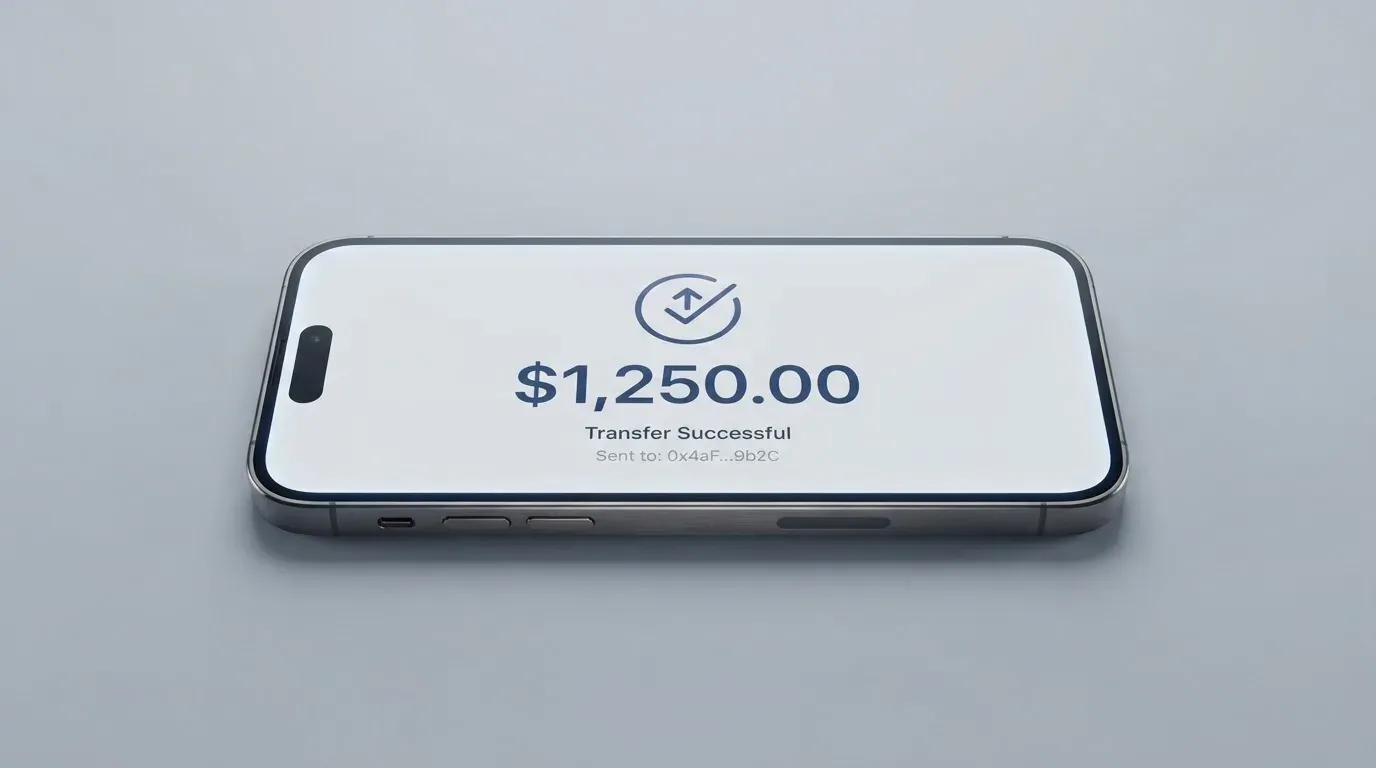 A phone showing a stablecoin transfer screen