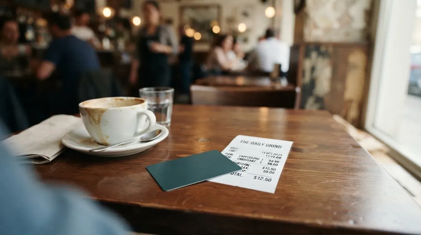 A receipt and a card on a café table