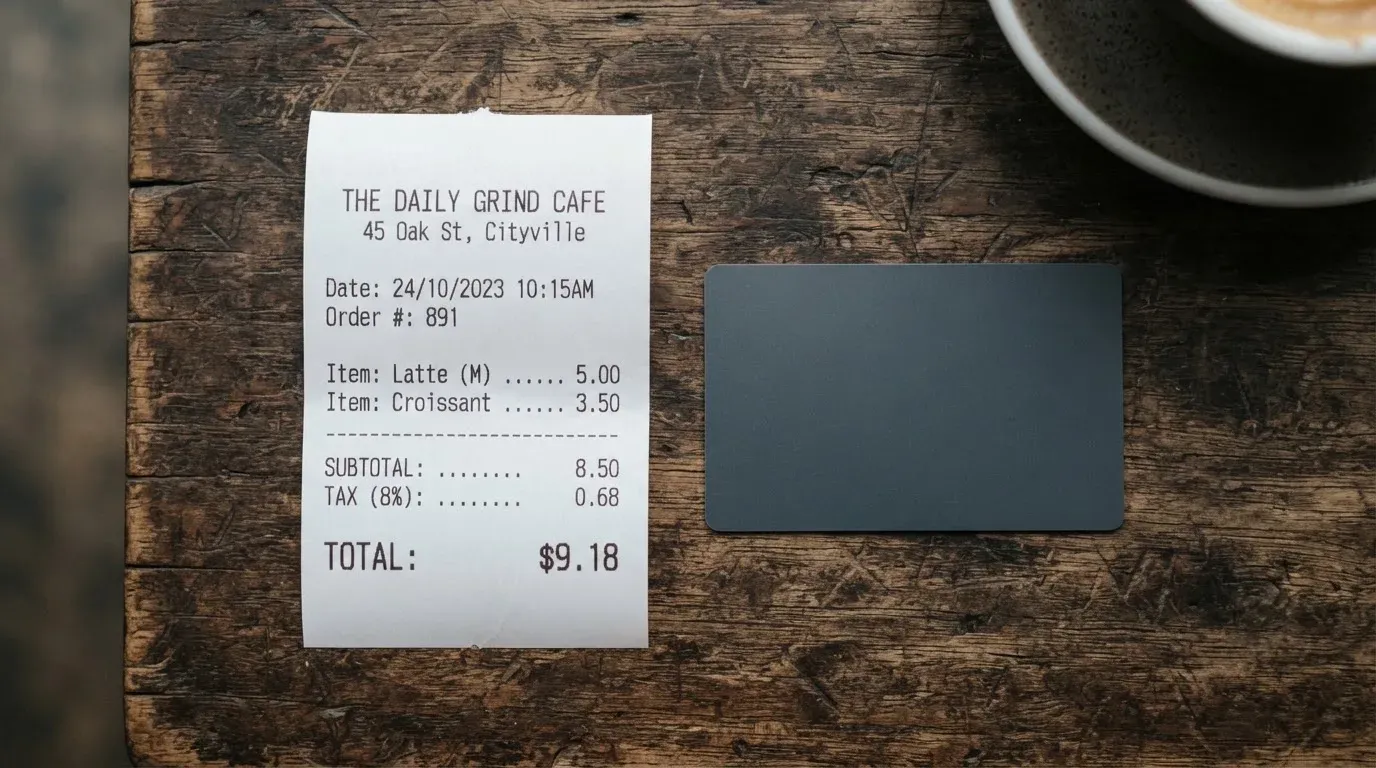 A receipt and a card on a café table