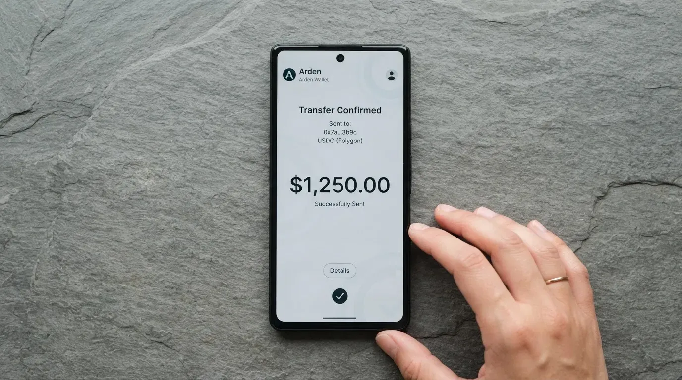 A phone showing a stablecoin transfer screen