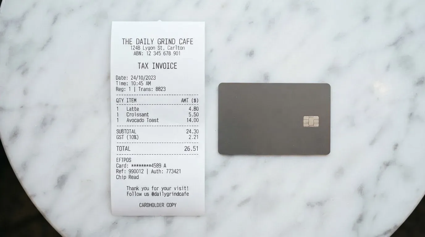 A receipt and a card on a café table