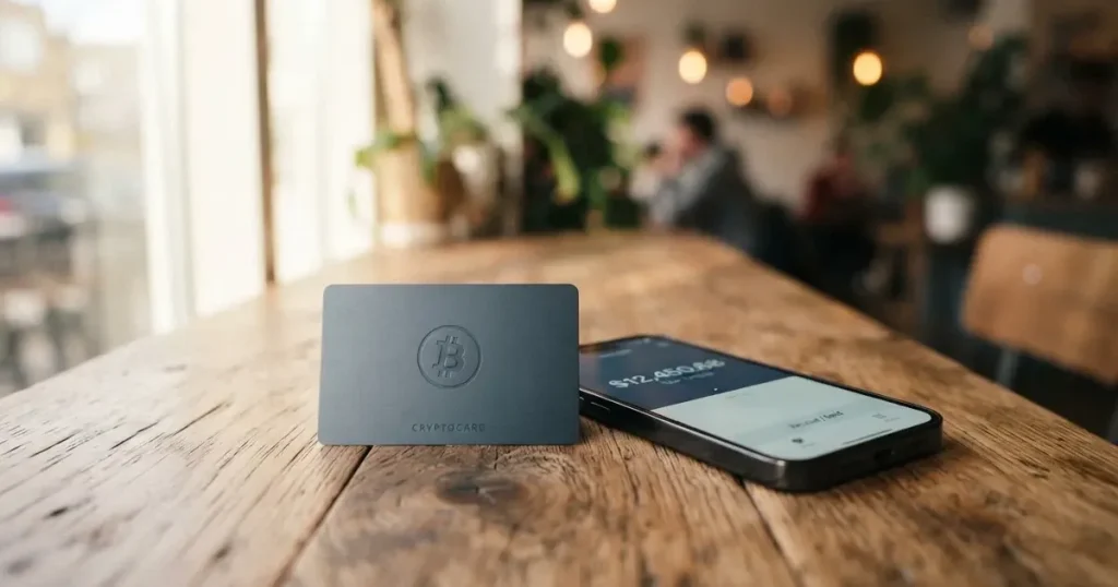 A payment card next to a phone with a crypto wallet app open