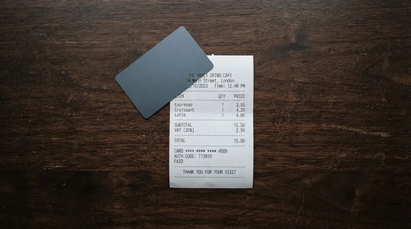 A receipt and a card on a café table