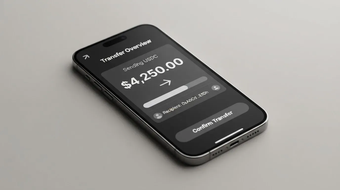 A phone showing a stablecoin transfer screen