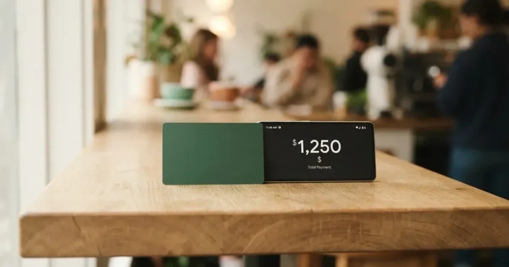 A payment card next to a phone with a crypto wallet app open