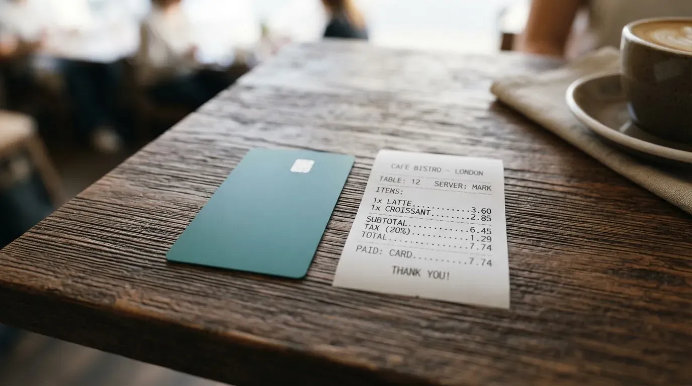 A receipt and a card on a café table