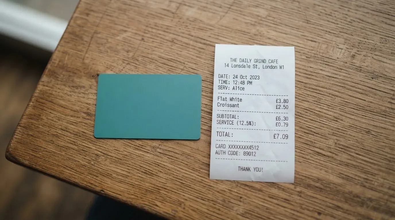 A receipt and a card on a café table