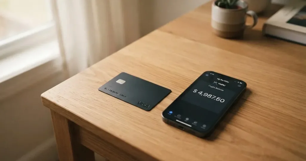 A payment card next to a phone with a crypto wallet app open