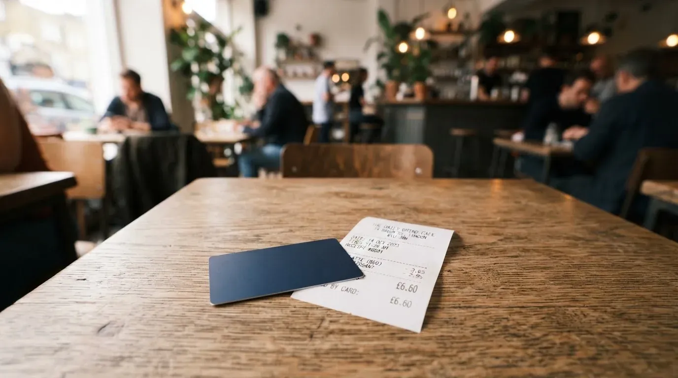 A receipt and a card on a café table