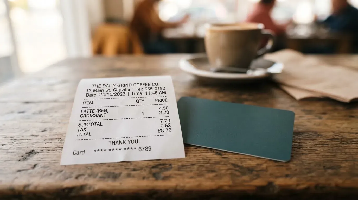 A receipt and a card on a café table