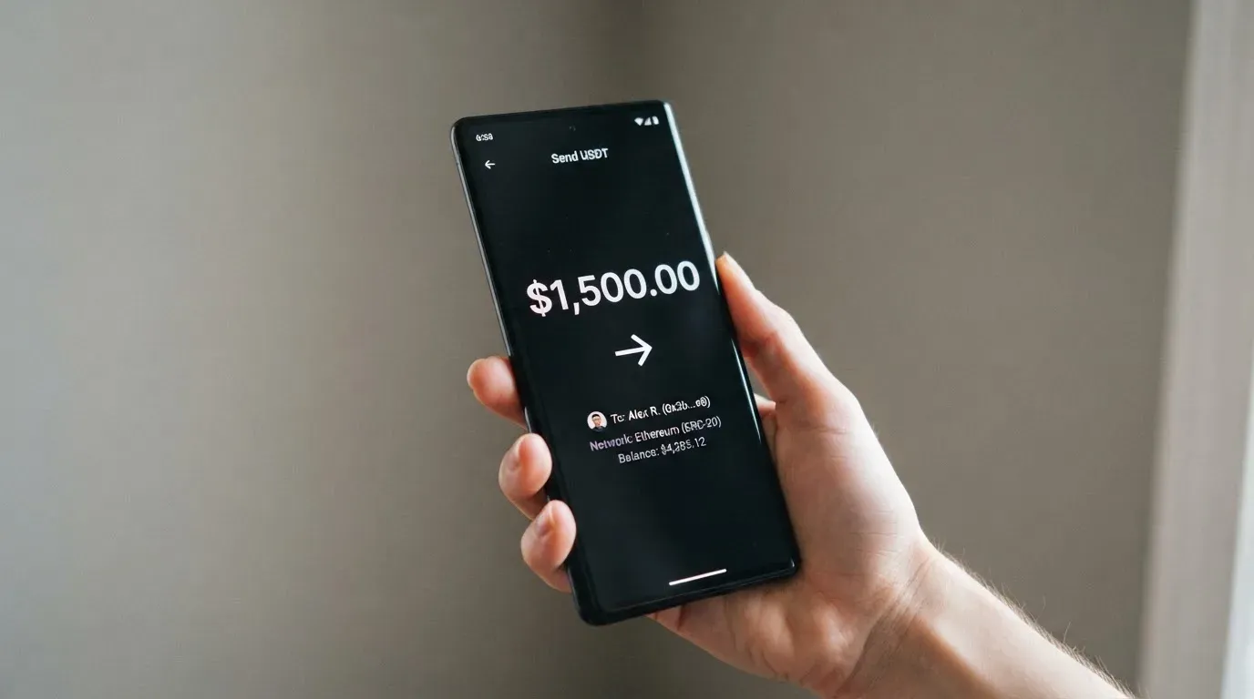A phone showing a stablecoin transfer screen