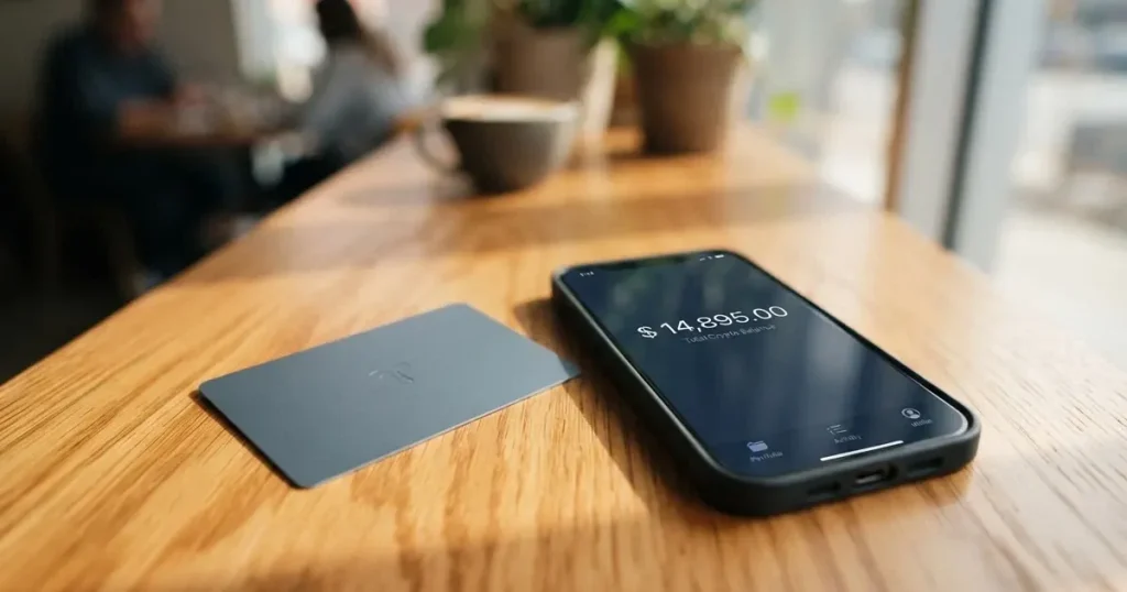 A payment card next to a phone with a crypto wallet app open
