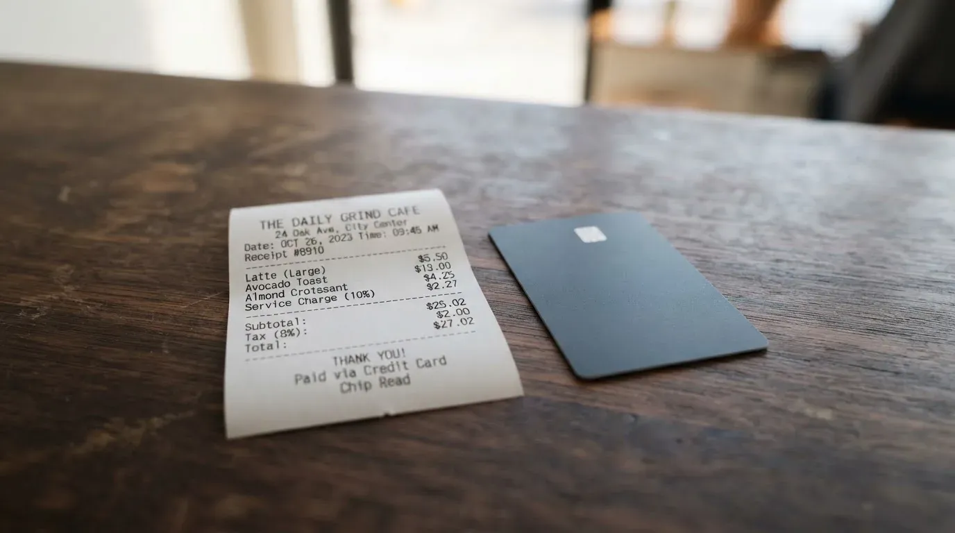 A receipt and a card on a café table