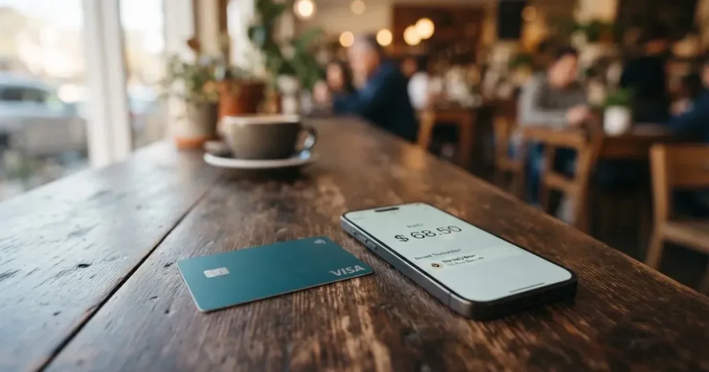 A payment card next to a phone with a crypto wallet app open
