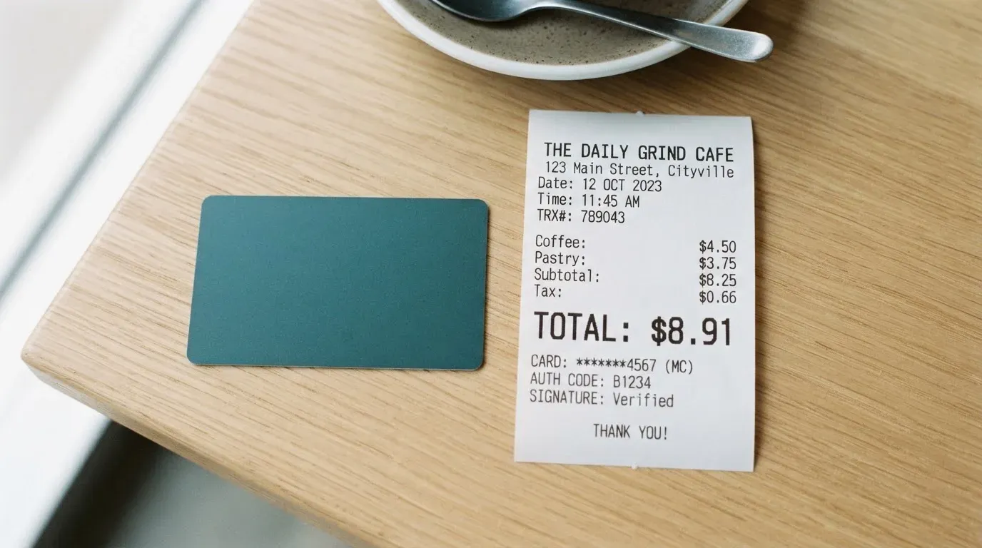 A receipt and a card on a café table