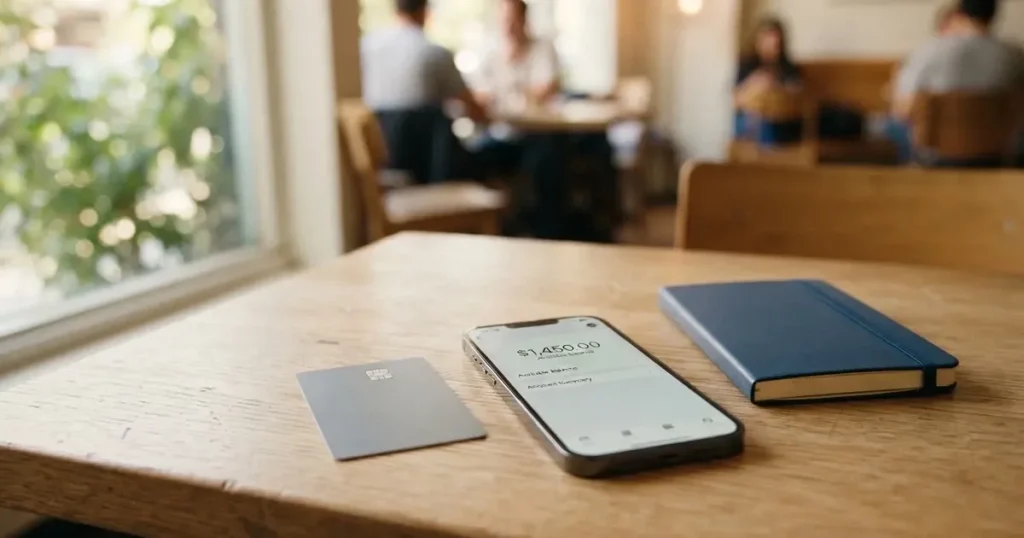 A payment card next to a phone with a crypto wallet app open