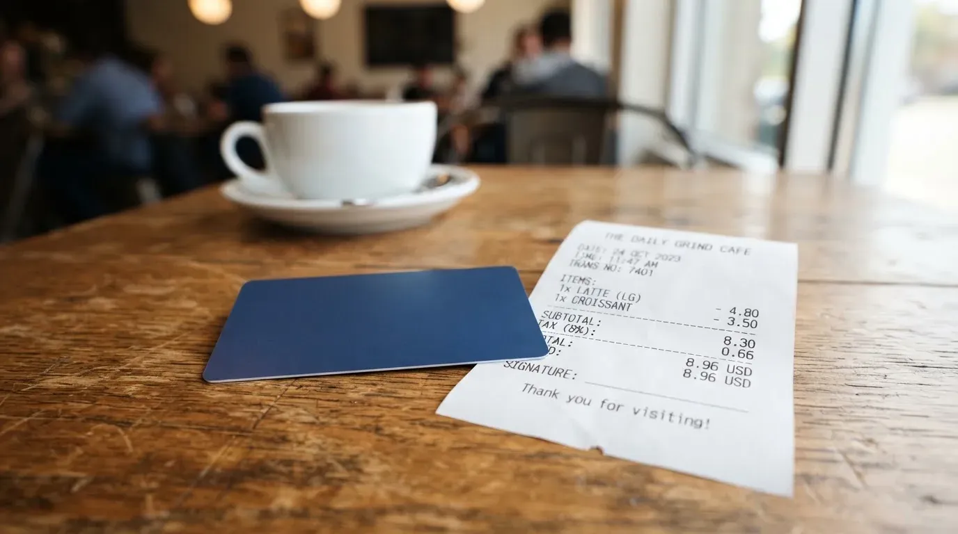 A receipt and a card on a café table