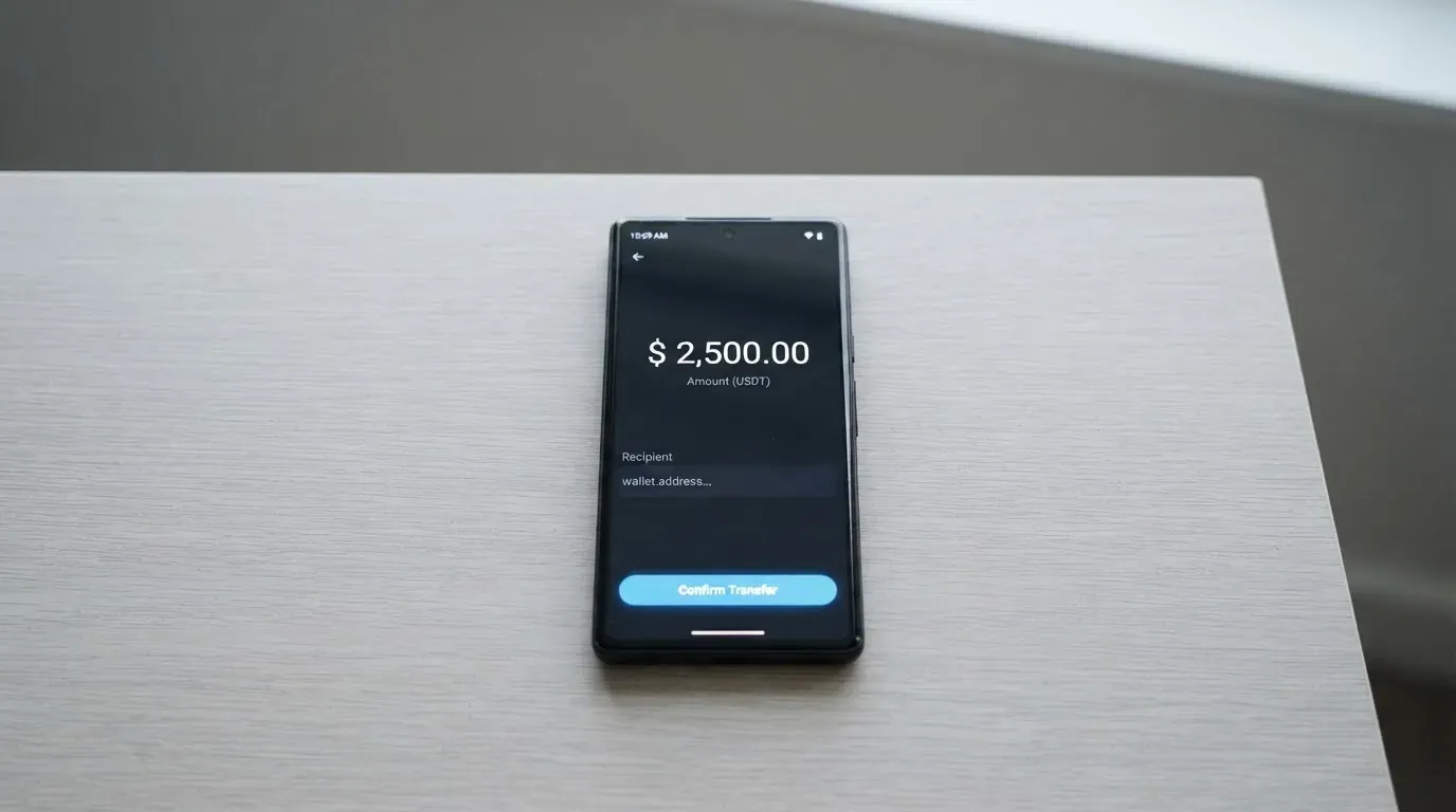 A phone showing a stablecoin transfer screen
