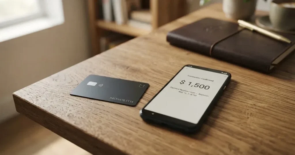 A payment card next to a phone with a crypto wallet app open