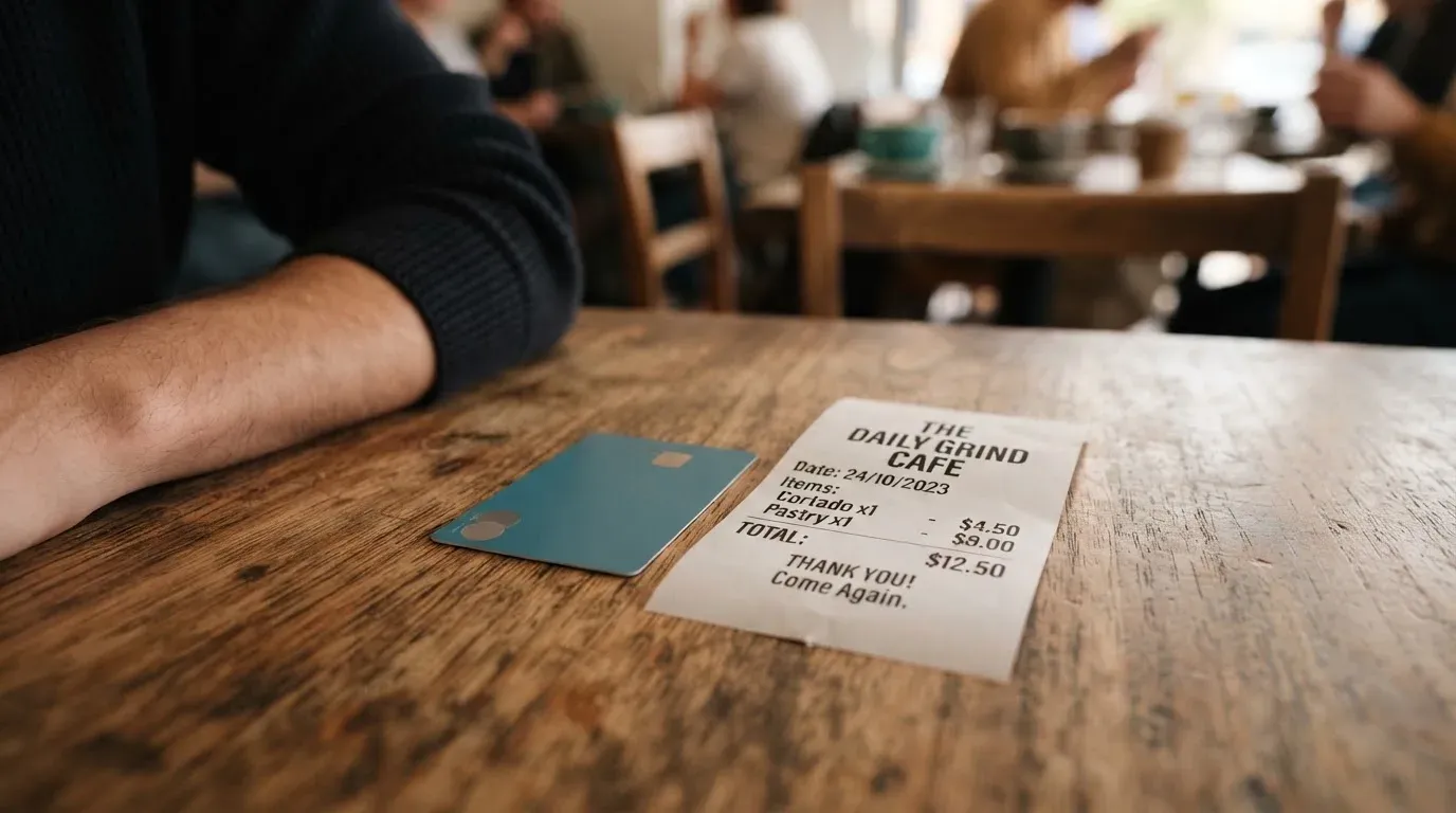 A receipt and a card on a café table